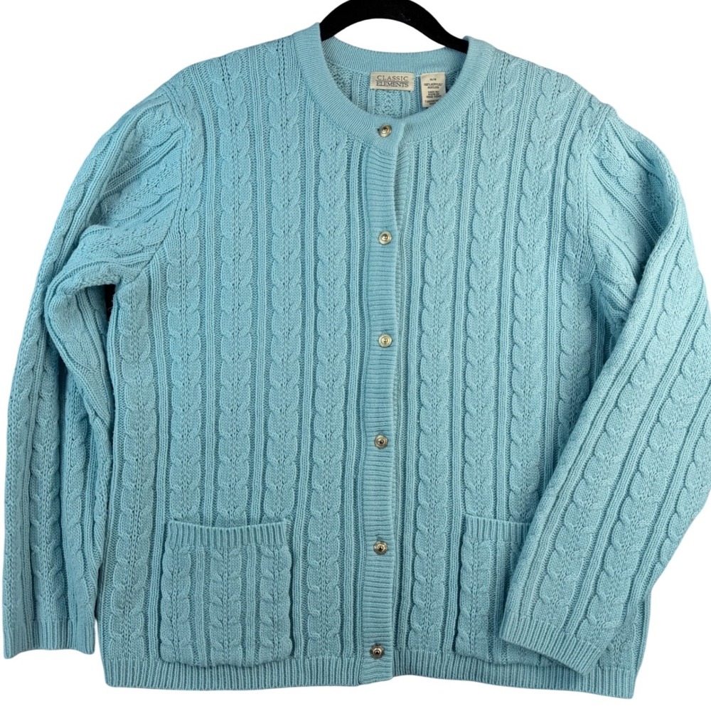 Vintage Classic Elements Blue Cable Knit Cardigan Sweater Silver Button Medium